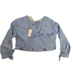 New Bleuh Ciel Women L Top Shirt Blouse Blue Striped Open Back Embroidery Floral